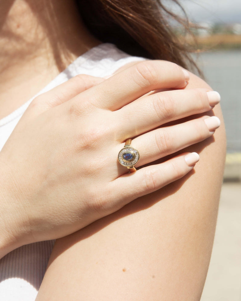 Vintage Circa 1990s Sapphire & Diamond Halo Ring 18 Carat Gold