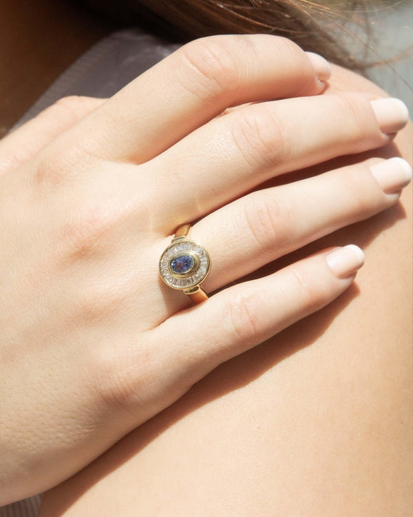 Vintage Circa 1990s Sapphire & Diamond Halo Ring 18 Carat Gold