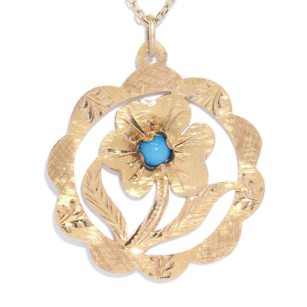 Vintage Circa 1970s Turquoise Flower Pendant 14 Carat Gold
