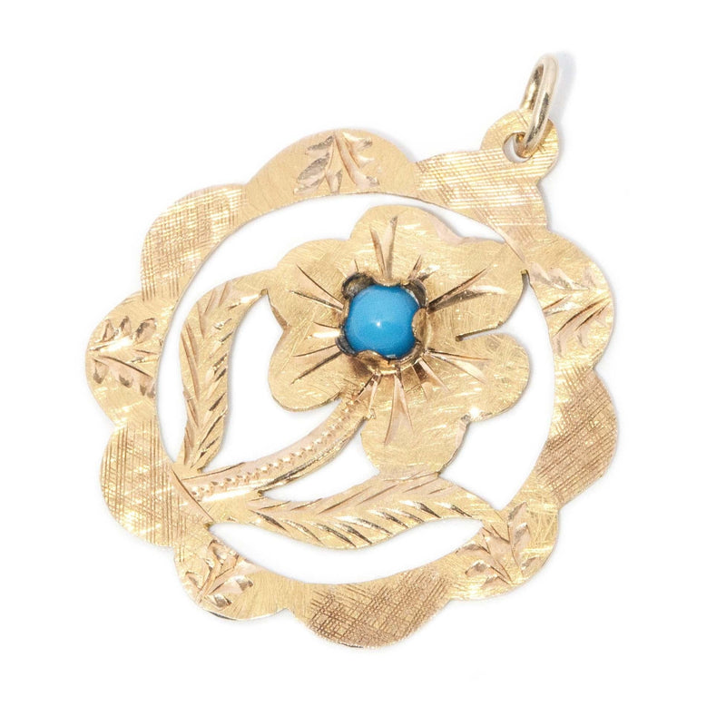 Vintage Circa 1970s Turquoise Flower Pendant 14 Carat Gold