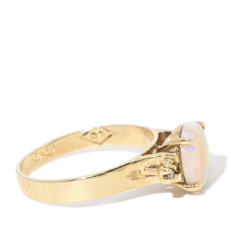 Vintage Circa 1980s Solid Opal & Diamond Ring 9 Carat Yellow Gold