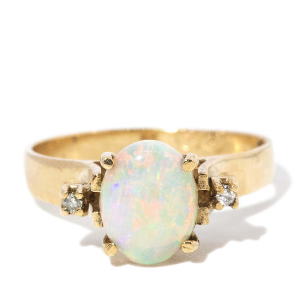Vintage Circa 1980s Solid Opal & Diamond Ring 9 Carat Yellow Gold