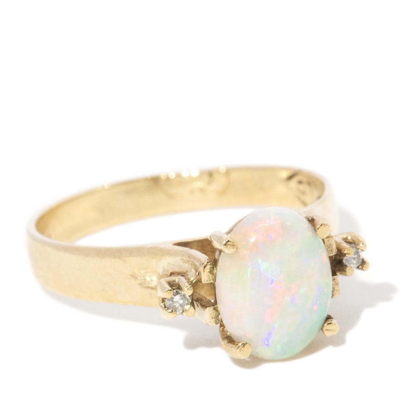 Vintage Circa 1980s Solid Opal & Diamond Ring 9 Carat Yellow Gold
