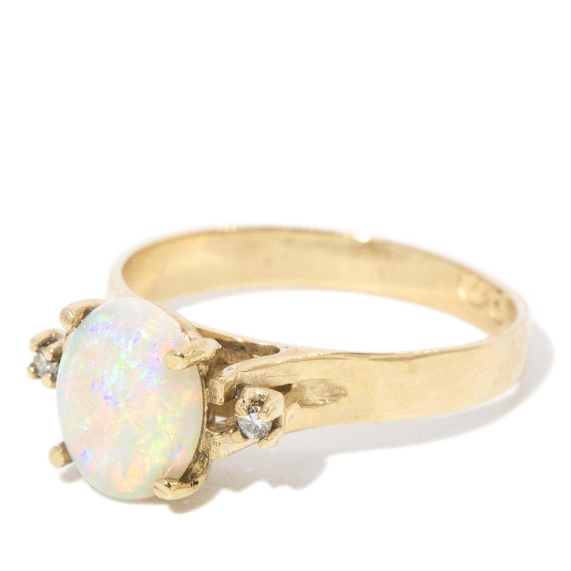 Vintage Circa 1980s Solid Opal & Diamond Ring 9 Carat Yellow Gold