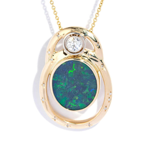 Sonique Black Opal & Diamond Pendant & Chain 9K Yellow Gold