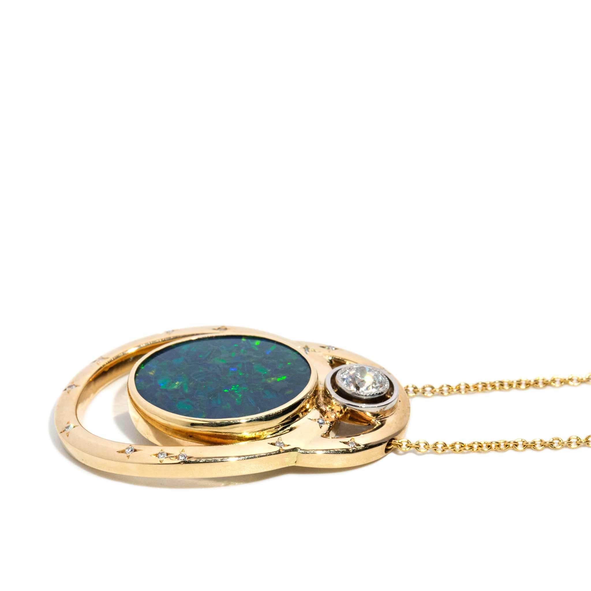 Sonique 1980s Black Opal & Diamond Pendant & Chain 9ct Gold