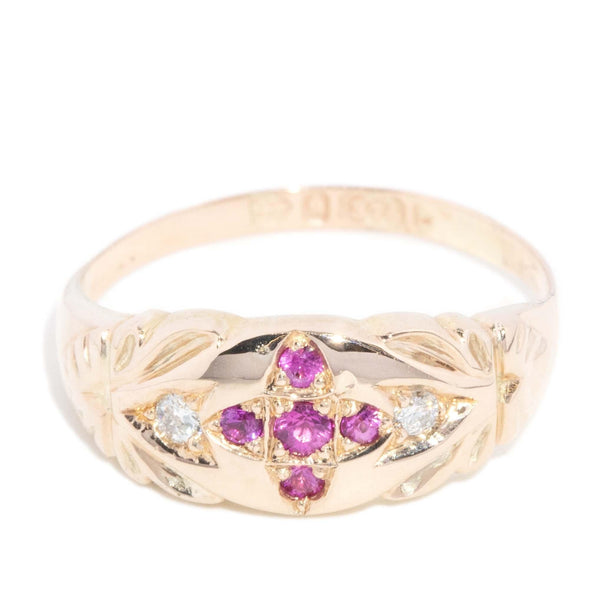 Vintage Circa 1980s Pink Ruby & Diamond Cluster Ring 9 Carat Gold