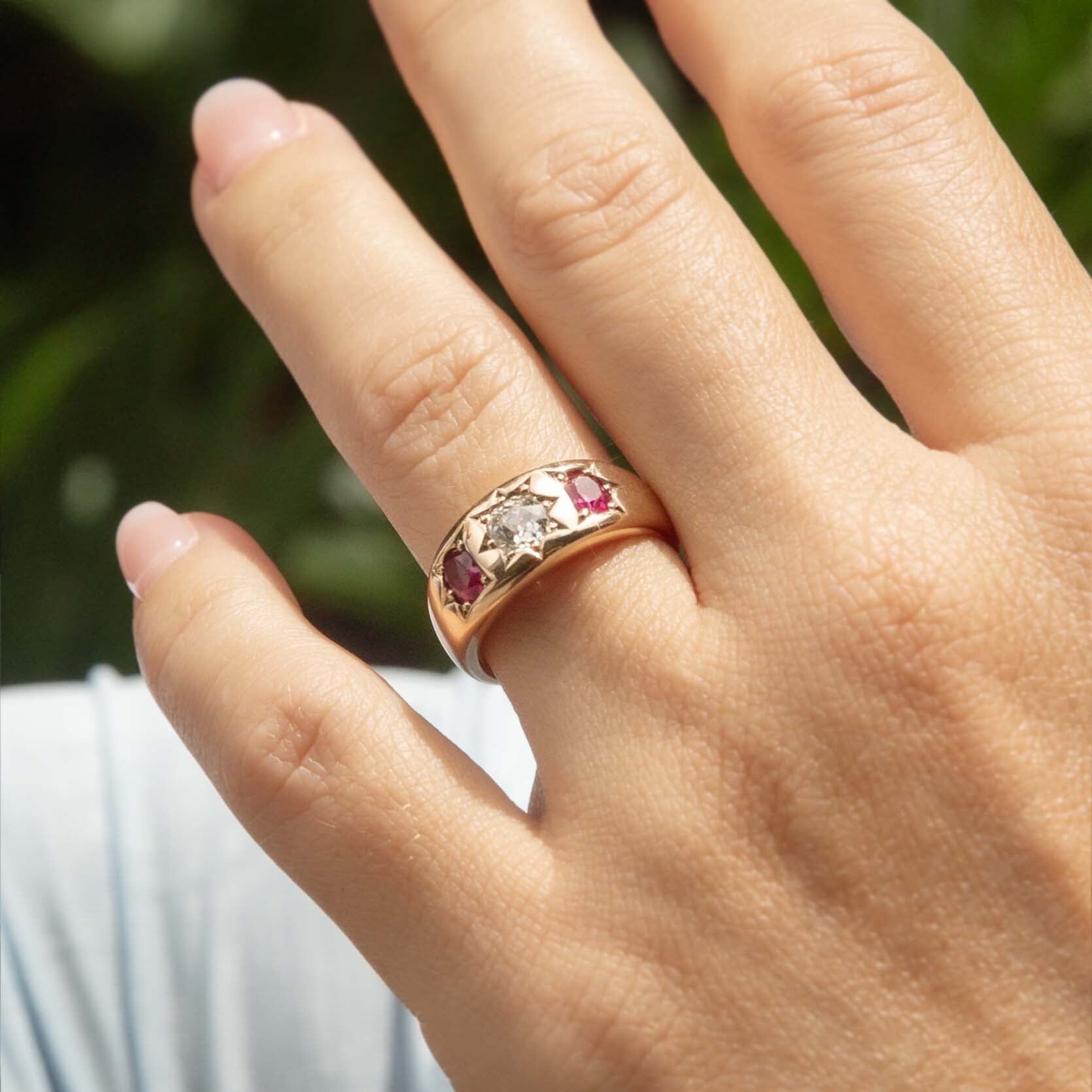 Sosie Antique Edwardian Old Cut Diamond & Ruby Ring 18ct Gold Rings Imperial Jewellery 