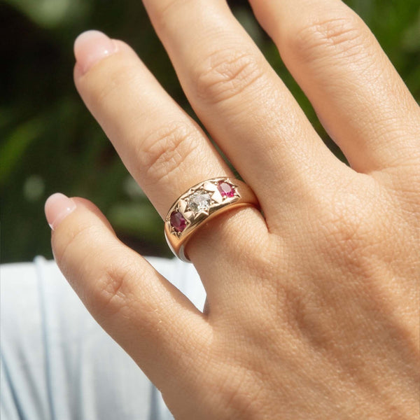 Sosie Antique Edwardian Old Cut Diamond & Ruby Ring 18ct Gold Rings Imperial Jewellery 