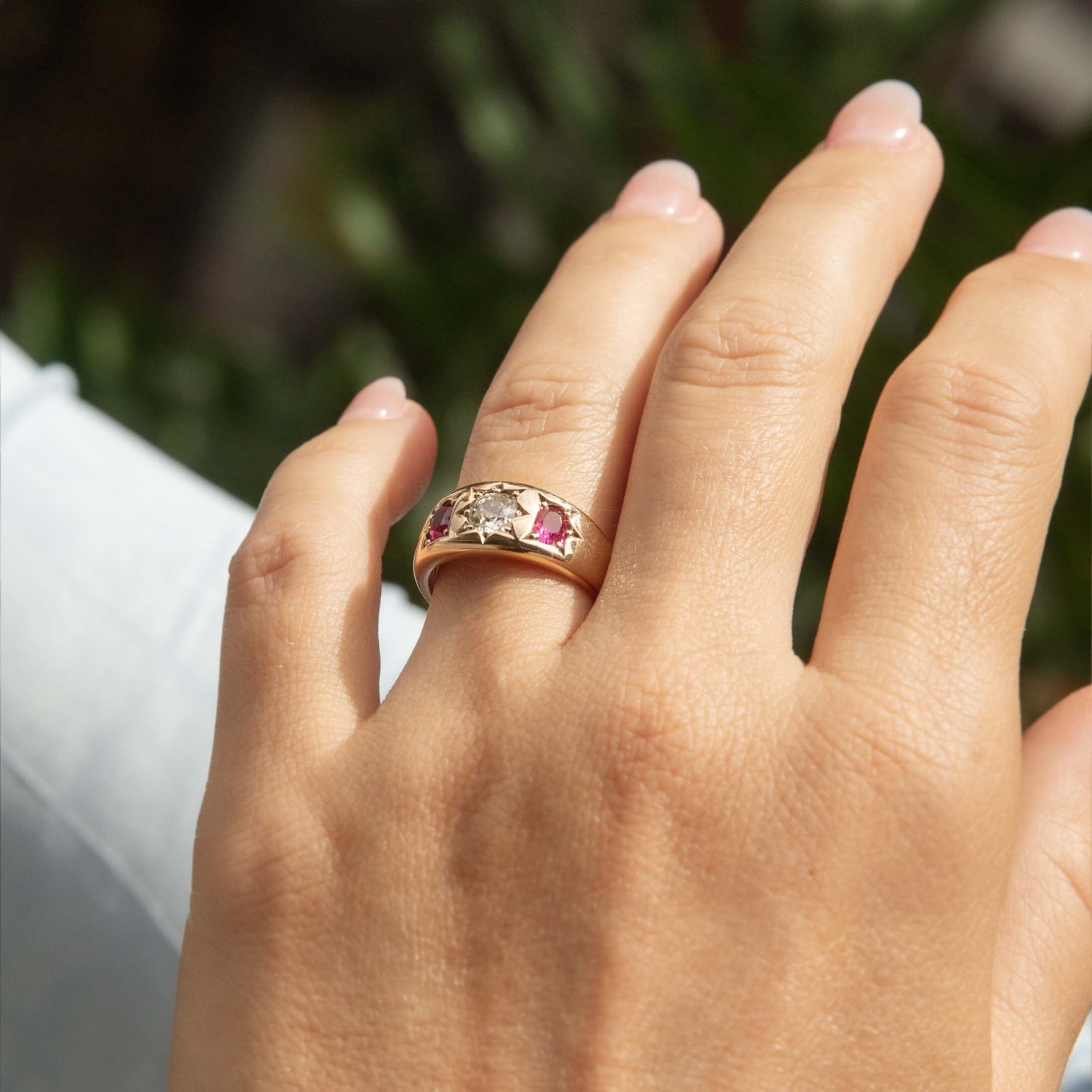 Sosie Antique Edwardian Old Cut Diamond & Ruby Ring 18ct Gold Rings Imperial Jewellery 