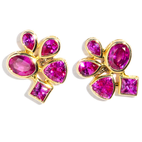 Soul Colour Pink Ruby Cluster Stud Earrings 14K Yellow Gold