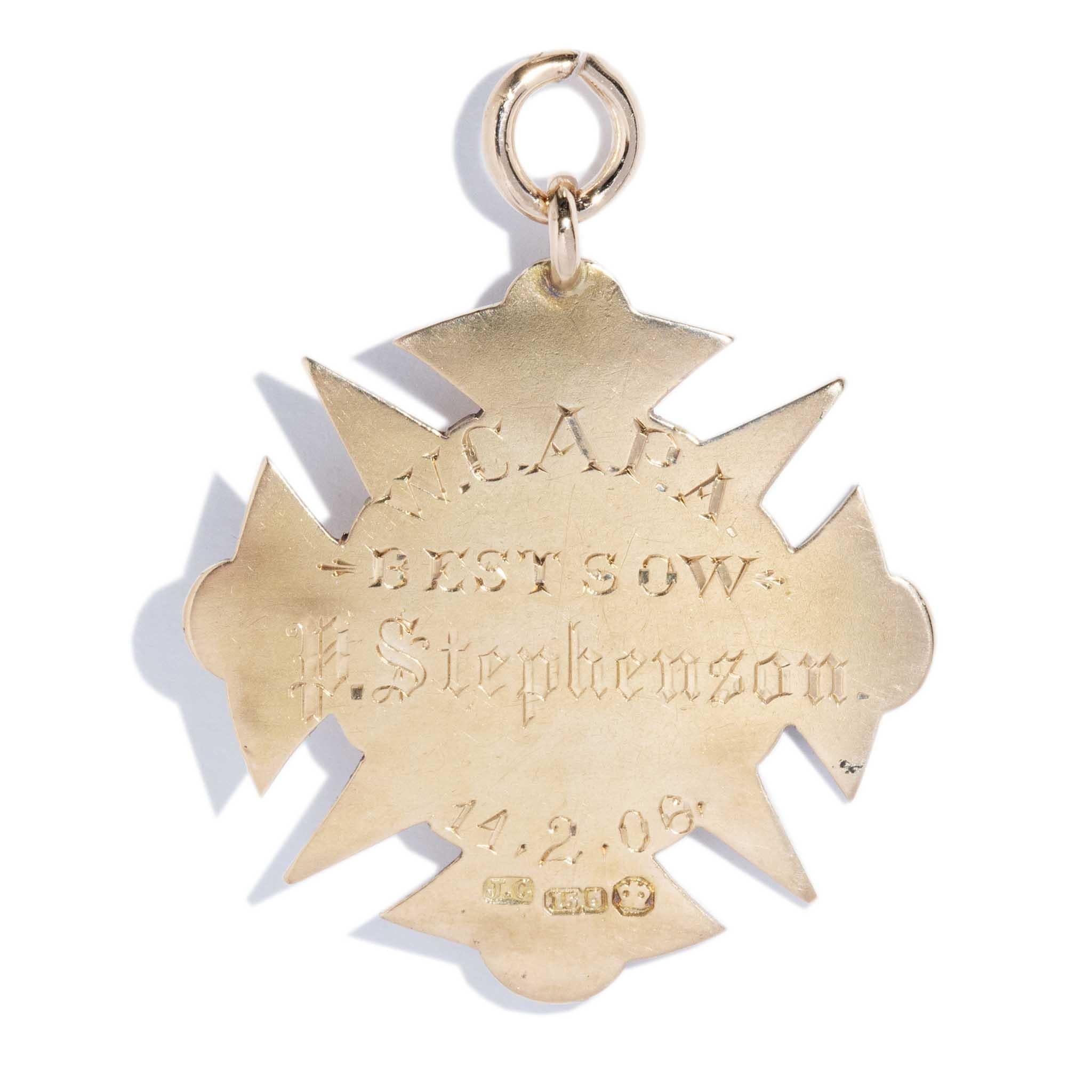 Antique 1906 Edwardian Cross Award Pendant 15 Carat Gold