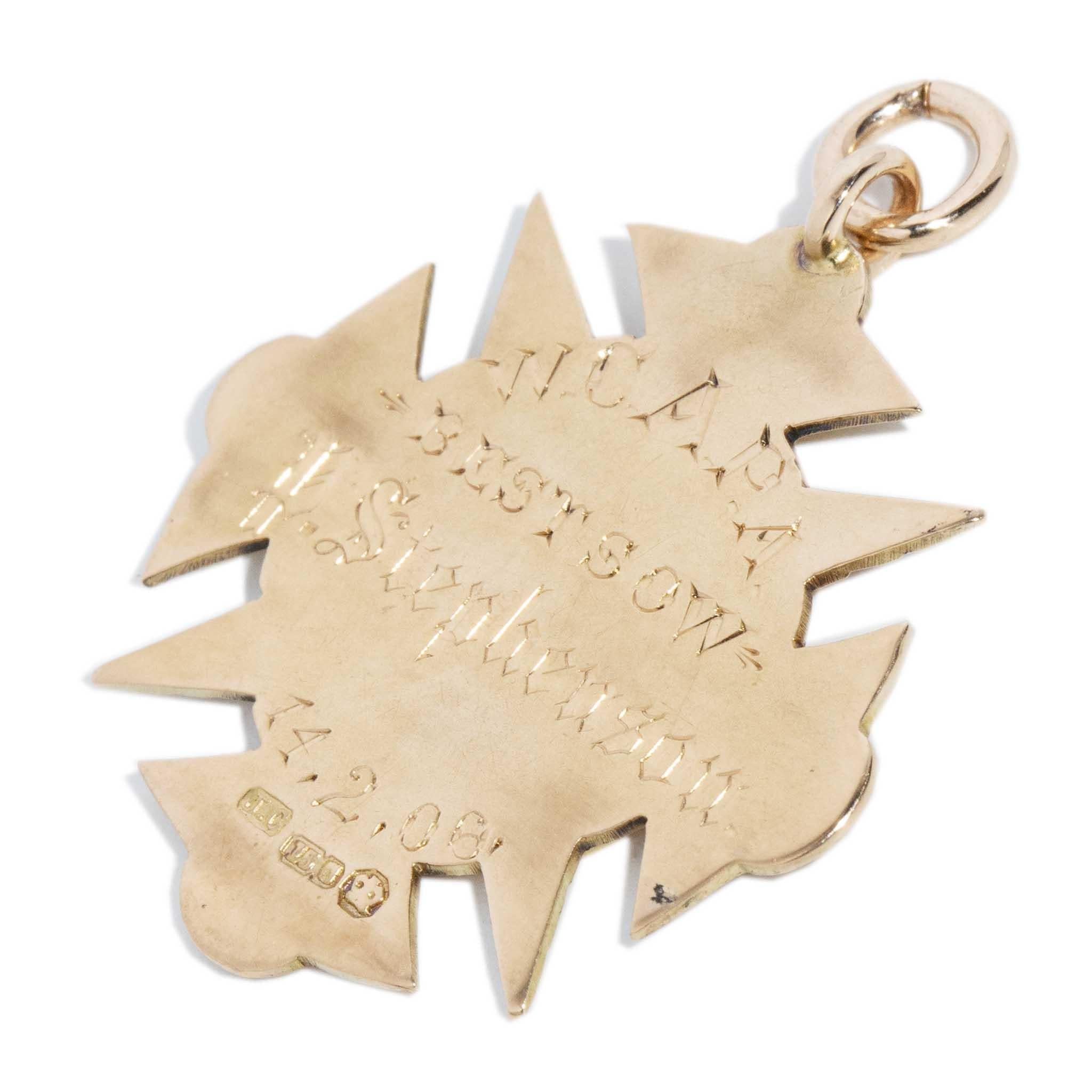 Antique 1906 Edwardian Cross Award Pendant 15 Carat Gold