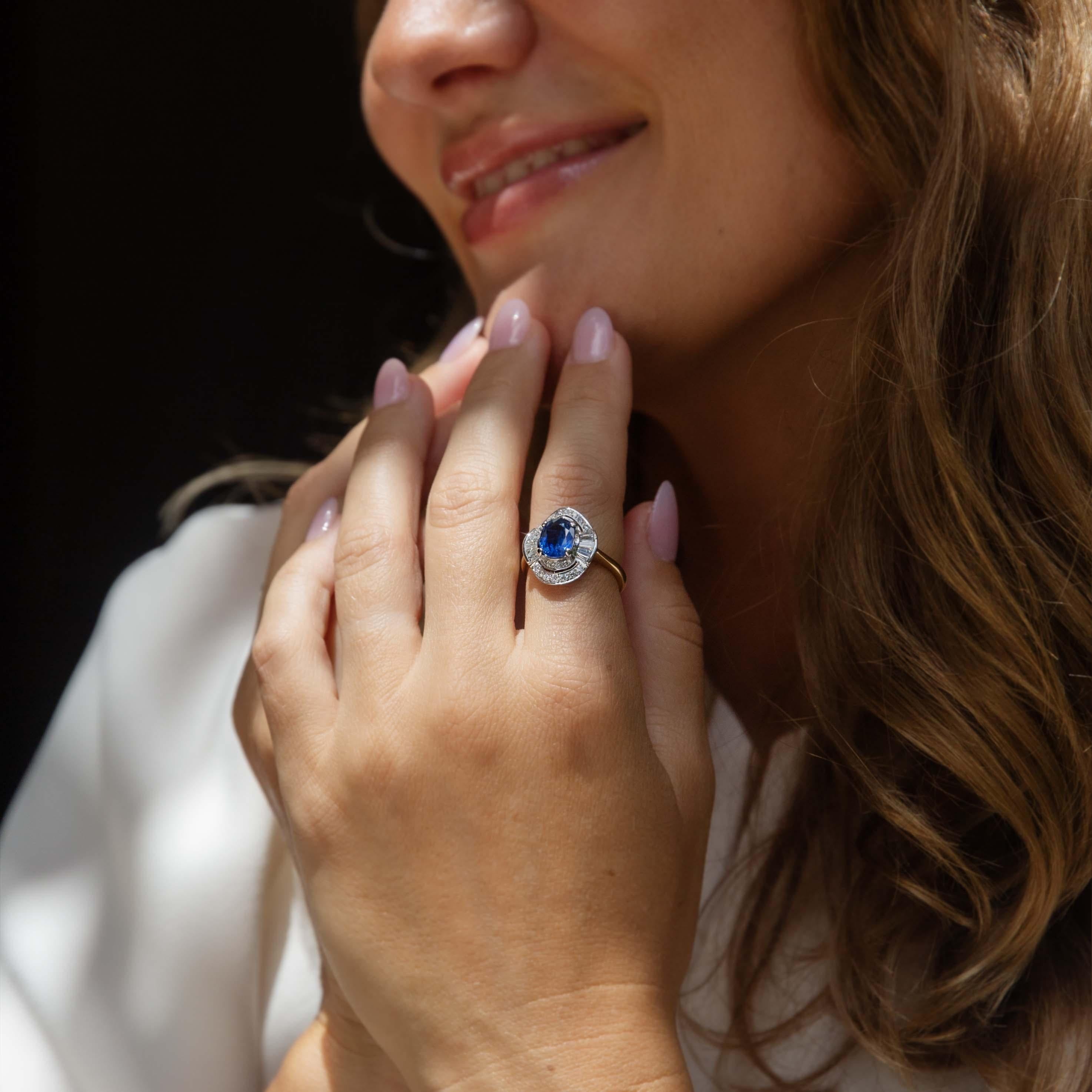 Contemporary Bright Blue Sapphire Diamond Halo Ring 18 CaratGold