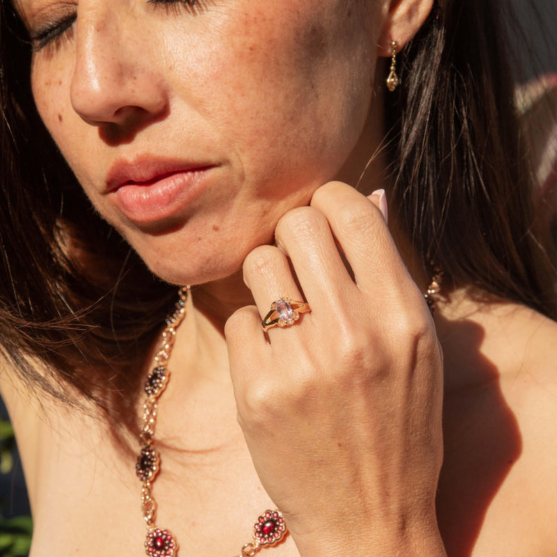 Vintage Circa 1930s Pale Pink Topaz Gypsy Ring 15 Carat Gold