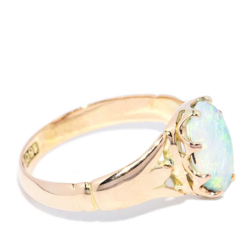 Antique 1920s Solid Oval Crystal Opal Gypsy Ring 15 Carat Gold