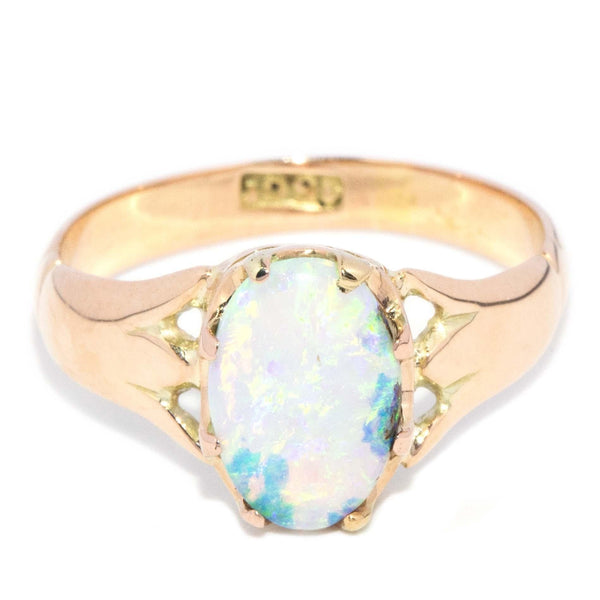 Antique 1920s Solid Oval Crystal Opal Gypsy Ring 15 Carat Gold