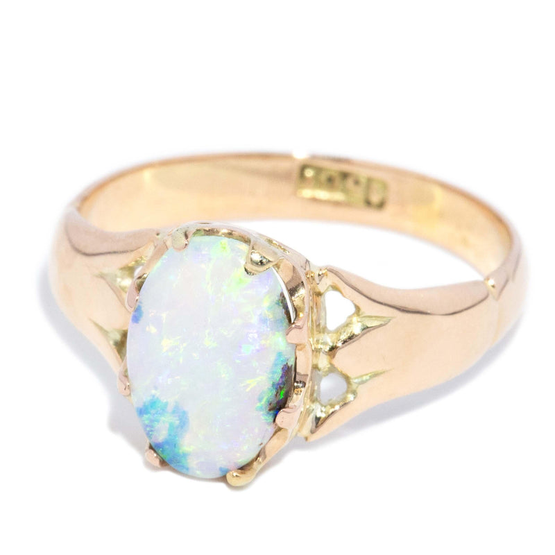 Antique 1920s Solid Oval Crystal Opal Gypsy Ring 15 Carat Gold