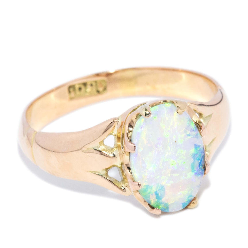 Antique 1920s Solid Oval Crystal Opal Gypsy Ring 15 Carat Gold