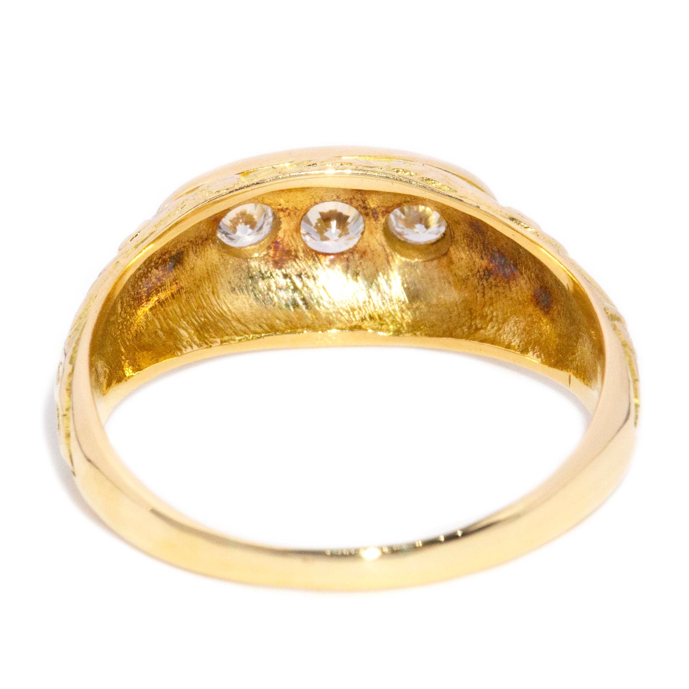 Sylvia Victorian Era Diamond Engraved & Domed Three Stone Ring 18ct Yellow Gold Rings Imperial Jewellery 