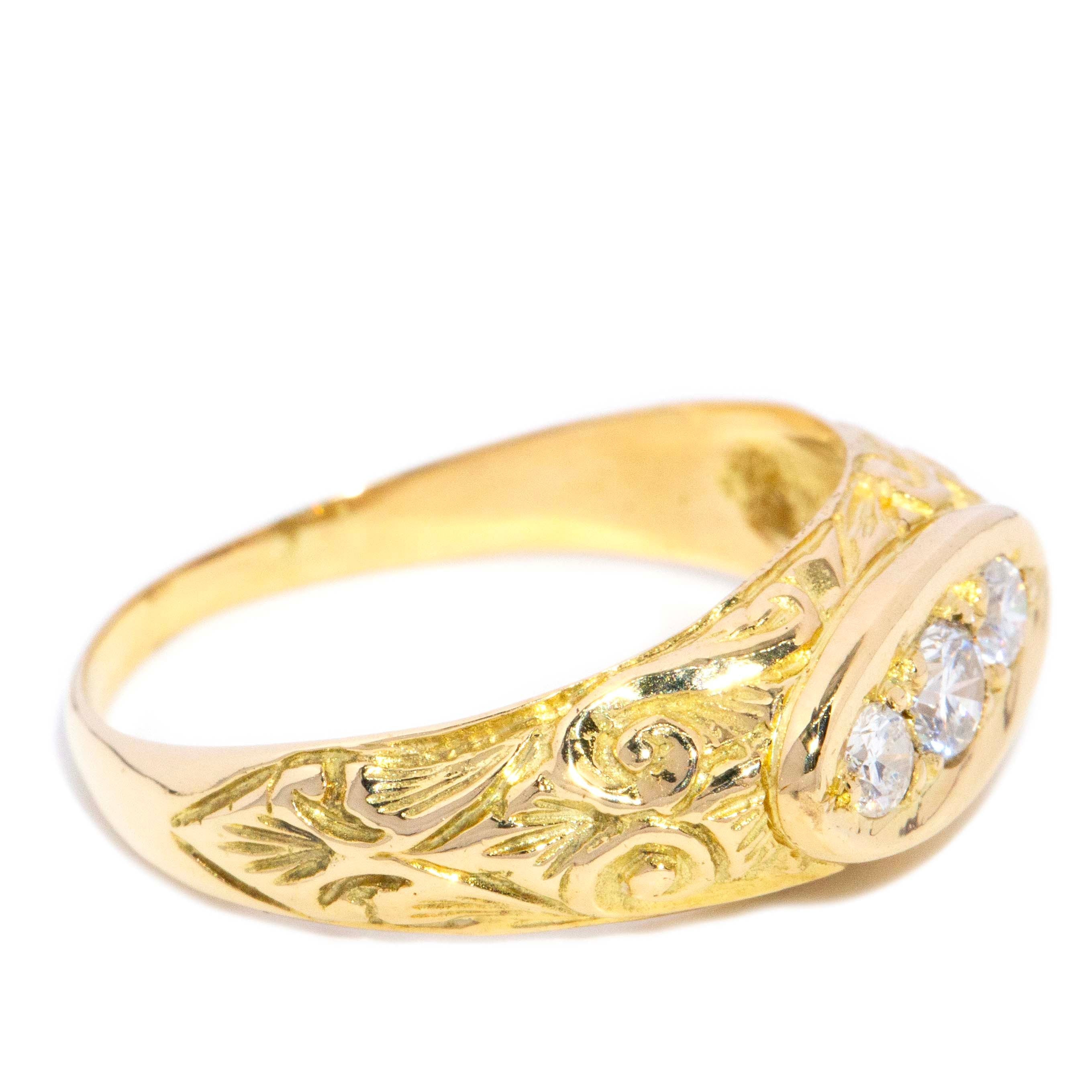 Sylvia Victorian Era Diamond Engraved & Domed Three Stone Ring 18ct Yellow Gold Rings Imperial Jewellery 
