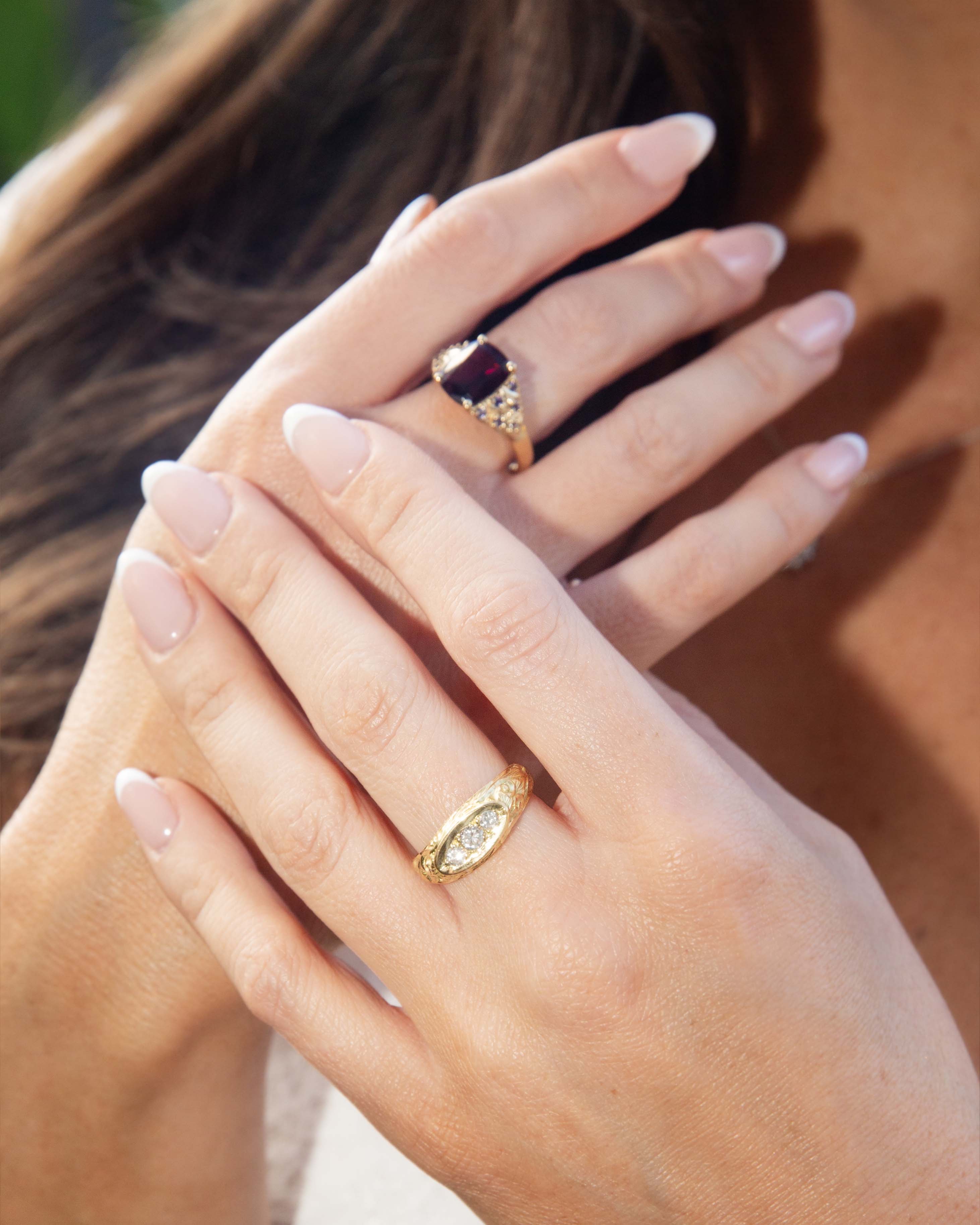 Sylvia Victorian Era Diamond Engraved & Domed Three Stone Ring 18ct Yellow Gold Rings Imperial Jewellery 