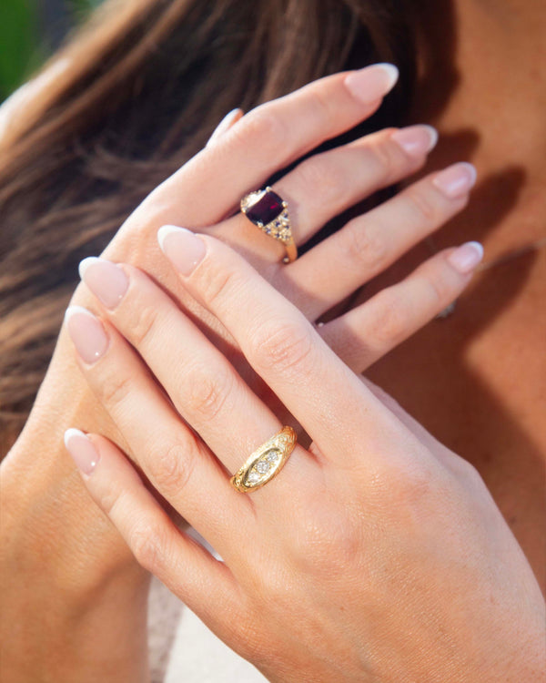 Sylvia Victorian Era Diamond Engraved & Domed Three Stone Ring 18ct Yellow Gold Rings Imperial Jewellery 