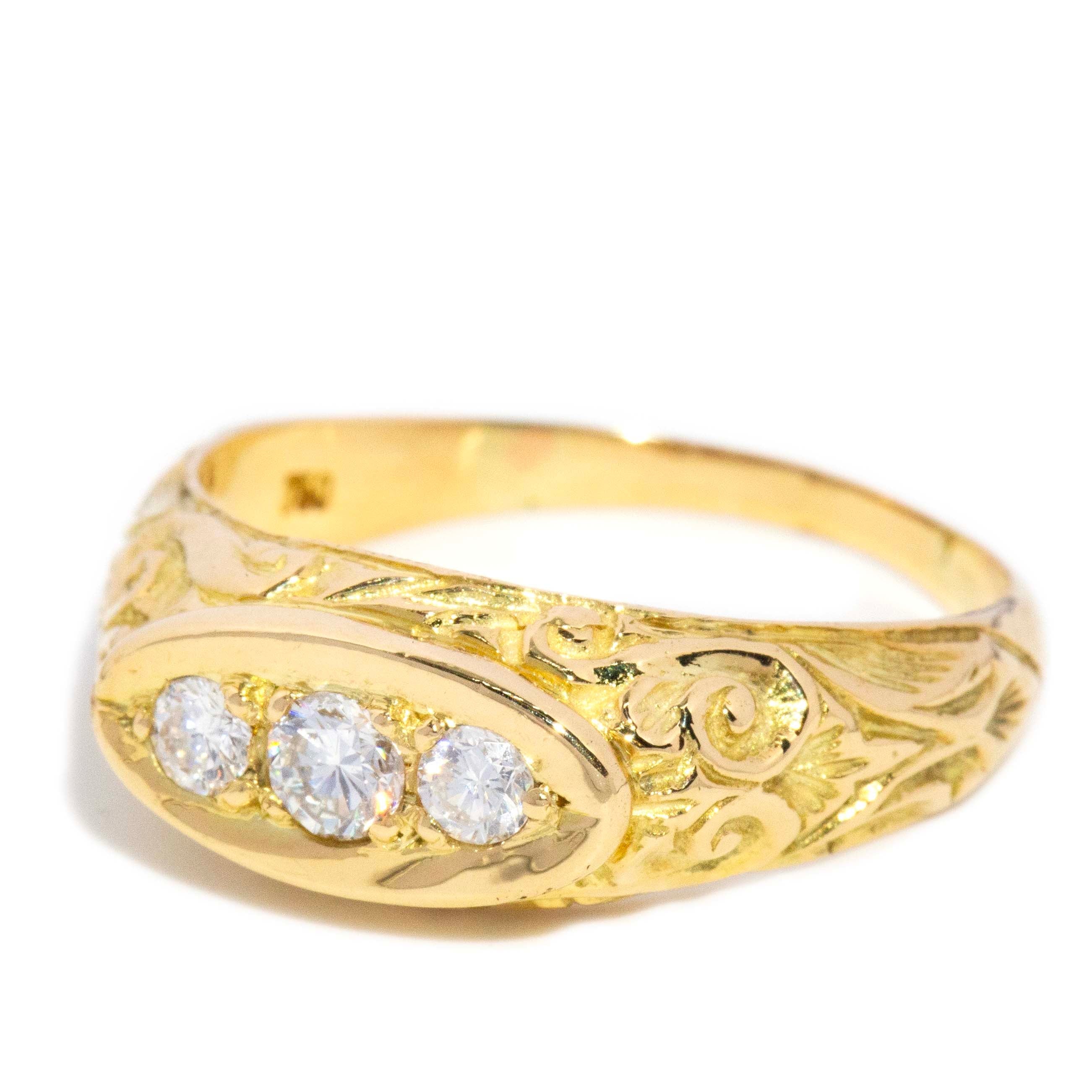 Sylvia Victorian Era Diamond Engraved & Domed Three Stone Ring 18ct Yellow Gold Rings Imperial Jewellery 