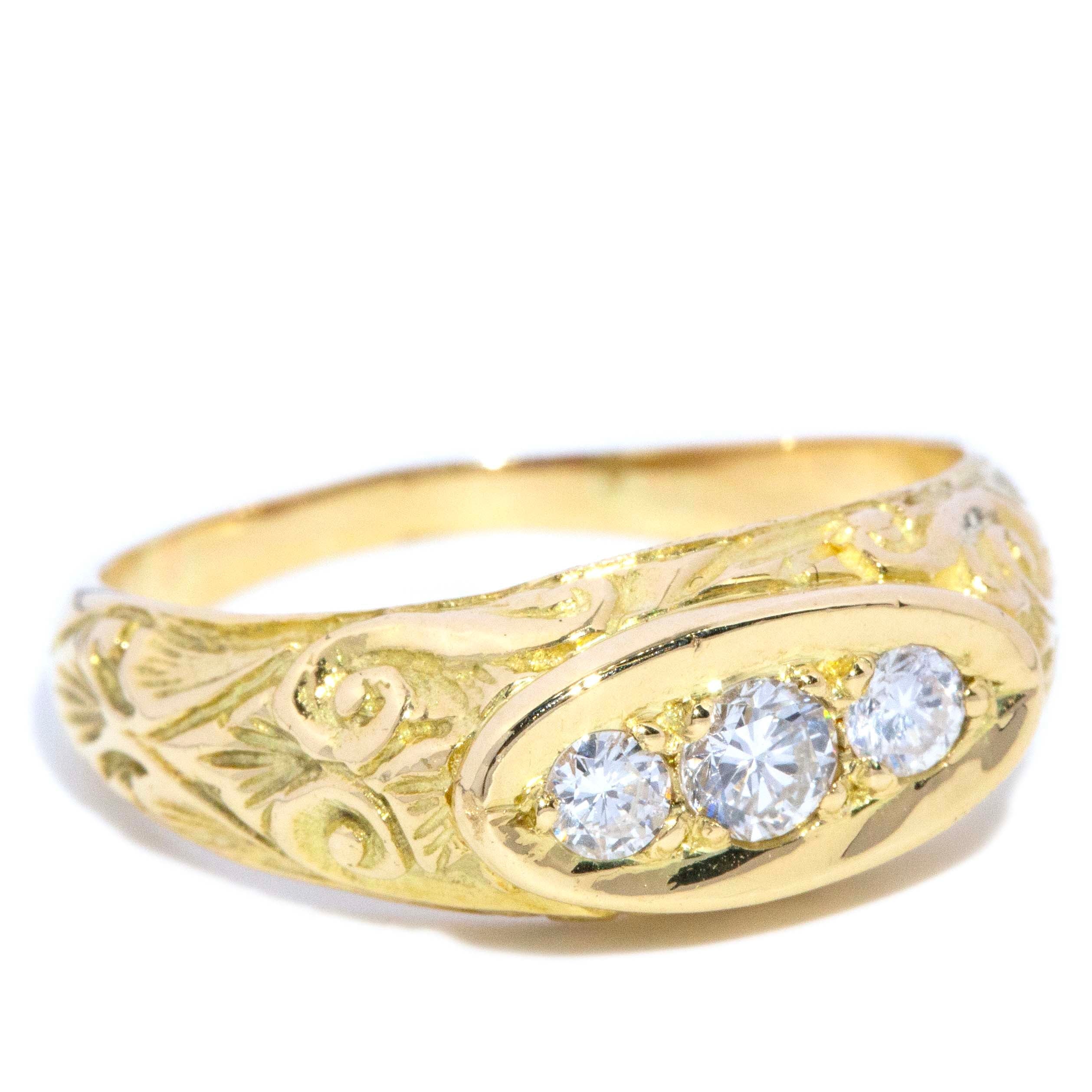 Sylvia Victorian Era Diamond Engraved & Domed Three Stone Ring 18ct Yellow Gold Rings Imperial Jewellery 