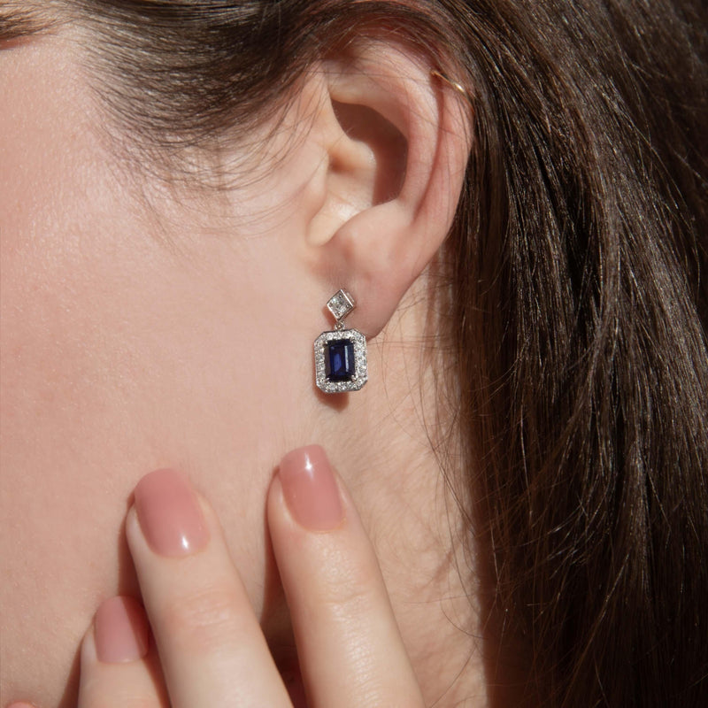 Contemporary Sapphire Diamond Stud Drop Earrings 14 Carat White Gold
