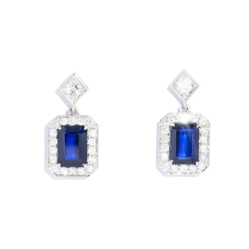 Tafari Sapphire & Diamond Halo Drop Earrings 14K White Gold