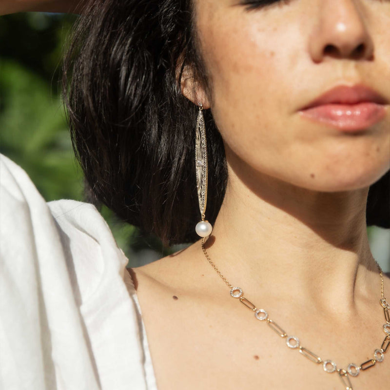 Talulah Re-invented 1900s Diamond & Pearl Earrings 14ct & Platinum Earrings Imperial Jewellery 