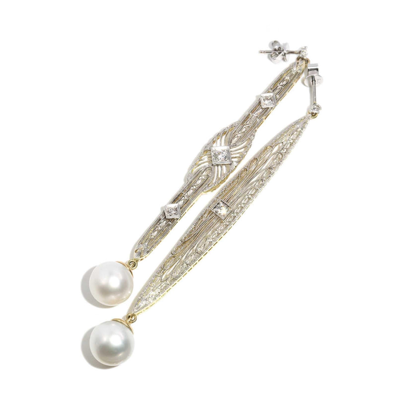 Talulah Re-invented 1900s Diamond & Pearl Earrings 14ct & Platinum