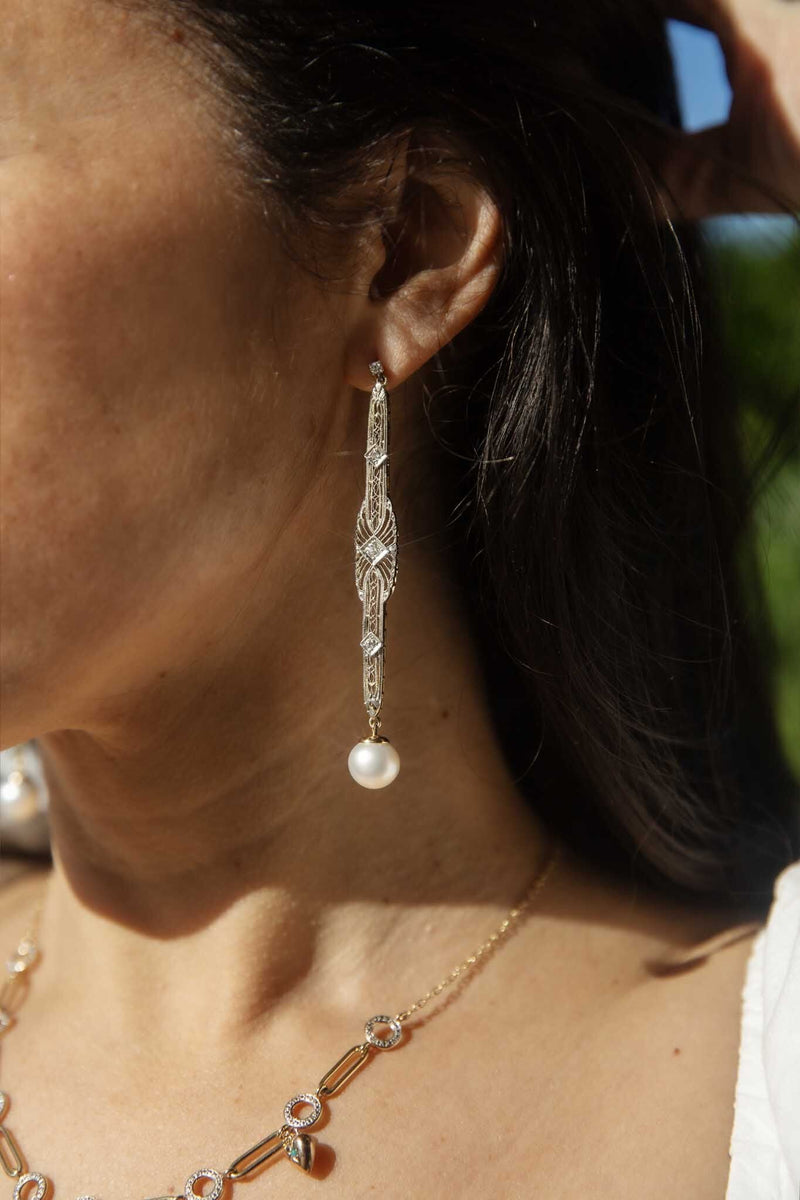 Talulah Re-invented 1900s Diamond & Pearl Earrings 14ct & Platinum Earrings Imperial Jewellery 