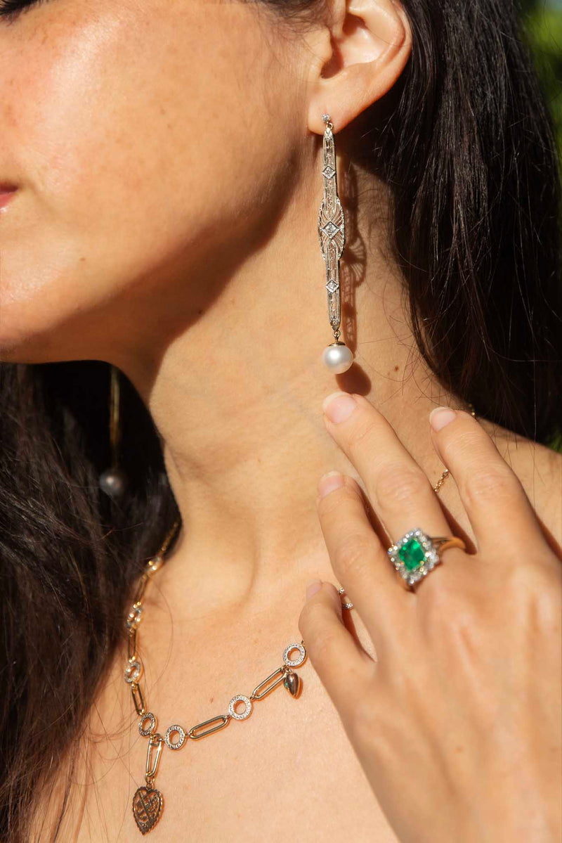 Talulah Re-invented 1900s Diamond & Pearl Earrings 14ct & Platinum Earrings Imperial Jewellery 