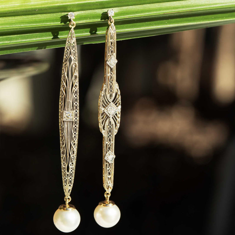 Talulah Re-invented 1900s Diamond & Pearl Earrings 14ct & Platinum