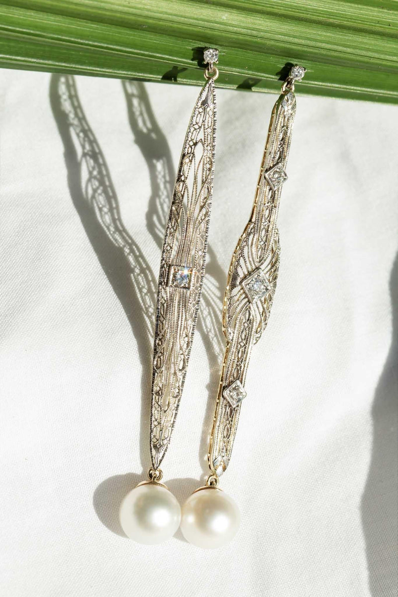 Talulah Re-invented 1900s Diamond & Pearl Earrings 14ct & Platinum