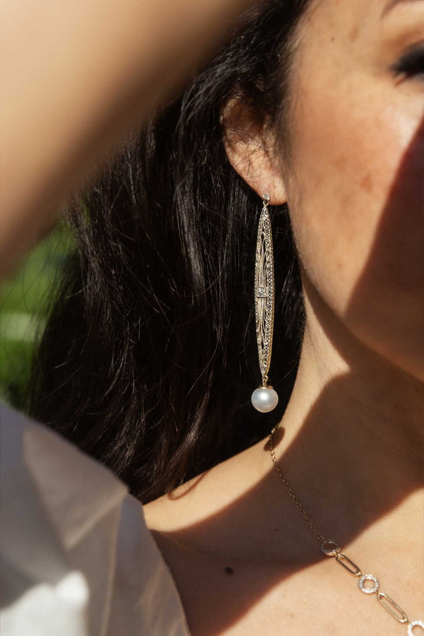 Talulah Re-invented 1900s Diamond & Pearl Earrings 14ct & Platinum Earrings Imperial Jewellery 