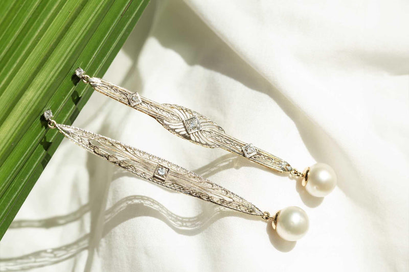 Talulah Re-invented 1900s Diamond & Pearl Earrings 14ct & Platinum