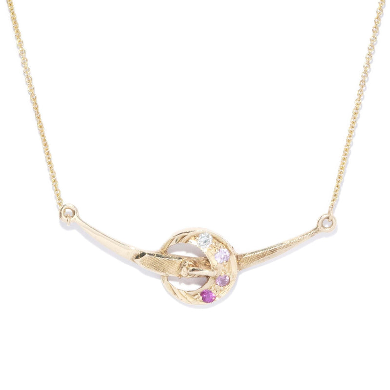 Vintage 1940s Pink & White Sapphire Moon Necklet 14 & 9 Carat Gold