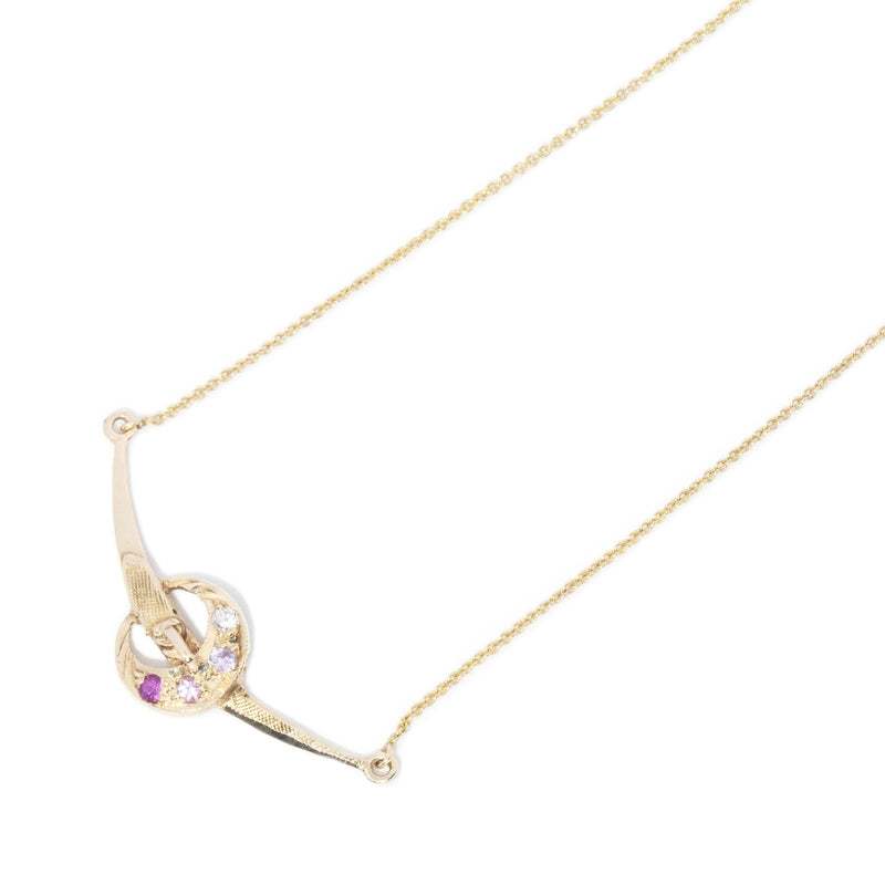 Vintage 1940s Pink & White Sapphire Moon Necklet 14 & 9 Carat Gold