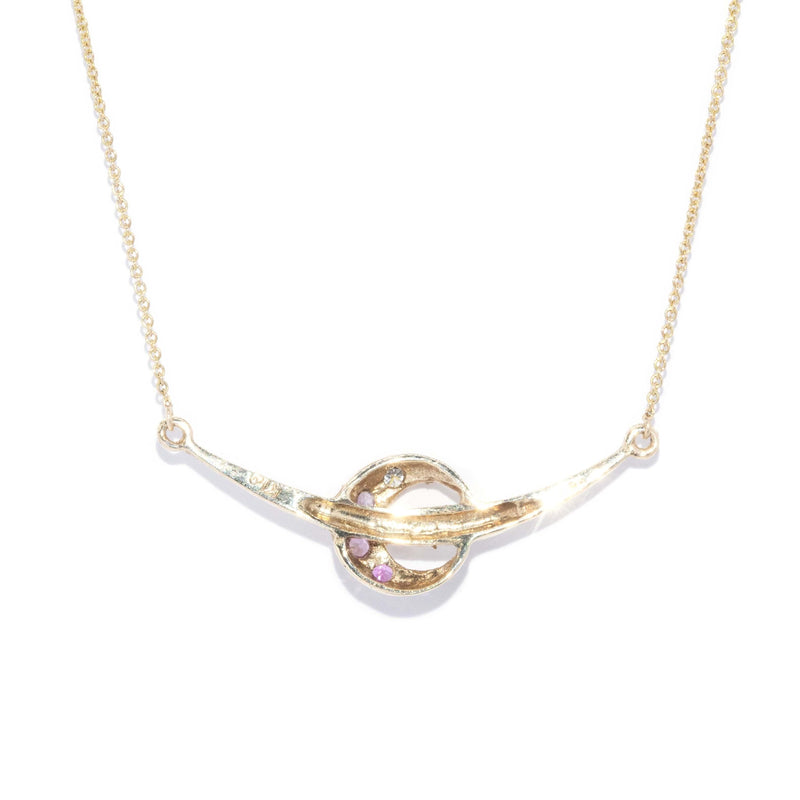 Vintage 1940s Pink & White Sapphire Moon Necklet 14 & 9 Carat Gold
