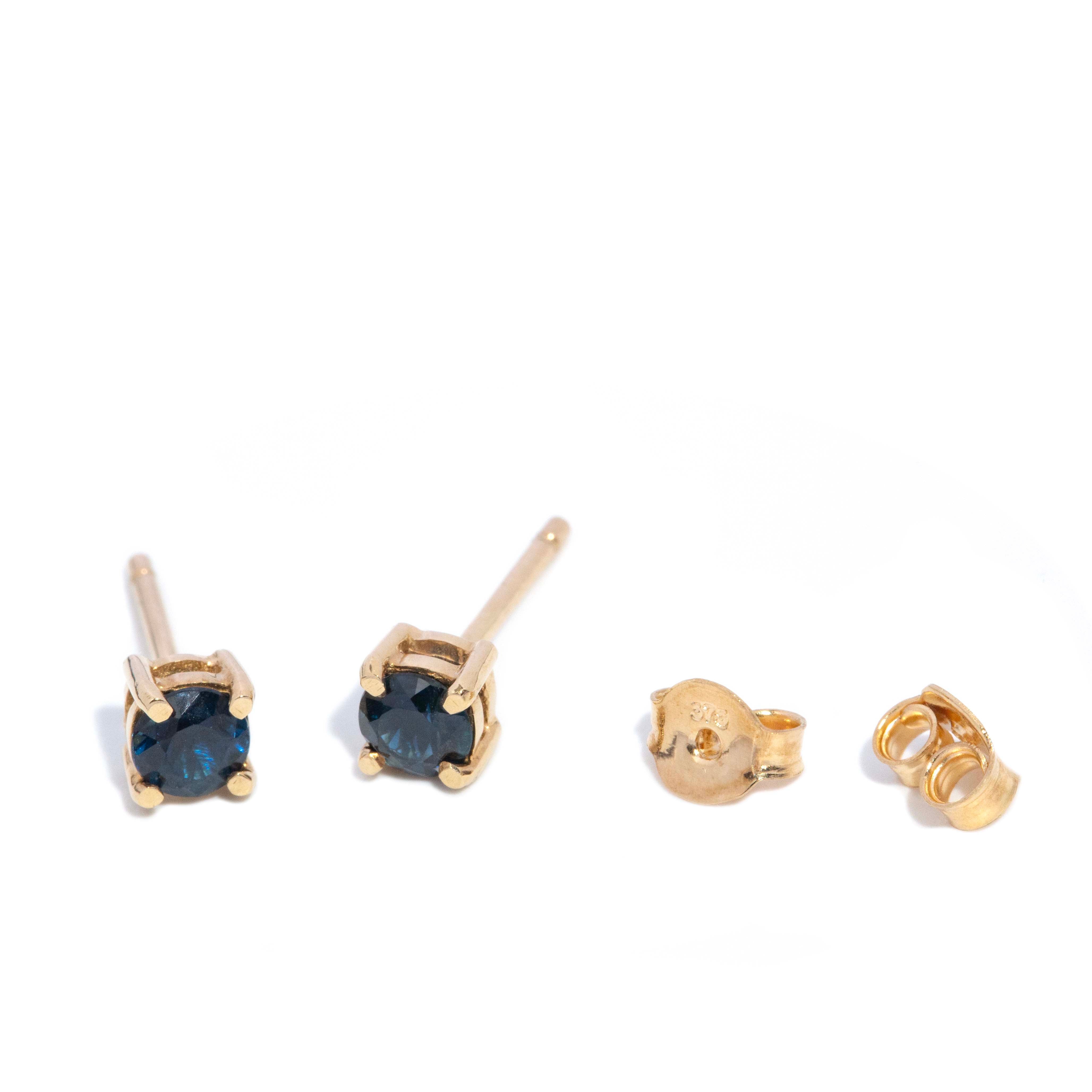 Theodora Vintage Blue Sapphire Studs 9ct Gold Earrings Imperial Jewellery 