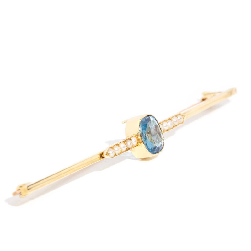 Thetis 1930s Aquamarine & Seed Pearl Brooch 15ct Gold Brooches Imperial Jewellery 