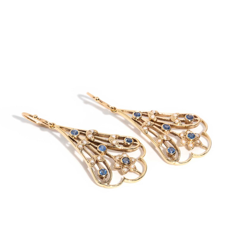 Tilly Blue Sapphire & Seed Pearl Drop Earrings 9ct Gold* DRAFT Earrings Imperial Jewellery 