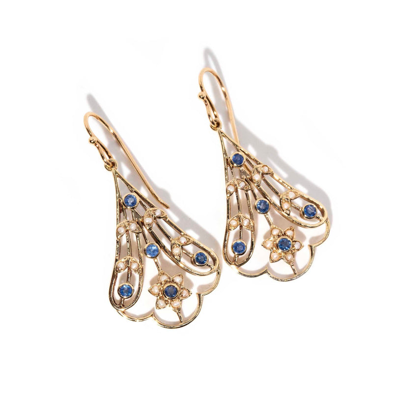 Tilly Blue Sapphire & Seed Pearl Drop Earrings 9ct Gold* DRAFT Earrings Imperial Jewellery 