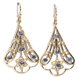 Tilly Blue Sapphire & Seed Pearl Drop Earrings 9ct Gold Earrings Imperial Jewellery 