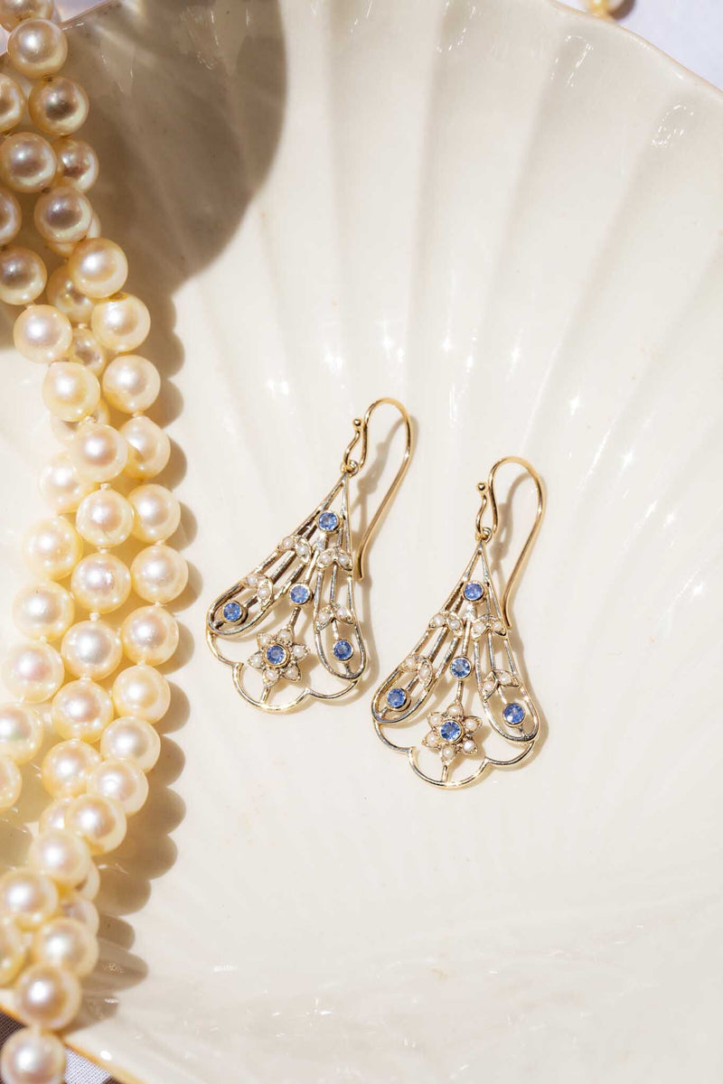 Tilly Blue Sapphire & Seed Pearl Drop Earrings 9ct Gold Earrings Imperial Jewellery 