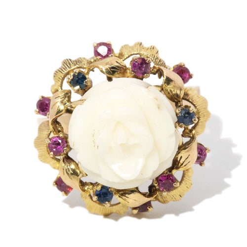 Tivona Carved White Rose Ruby Sapphire Ring 14K Yellow Gold