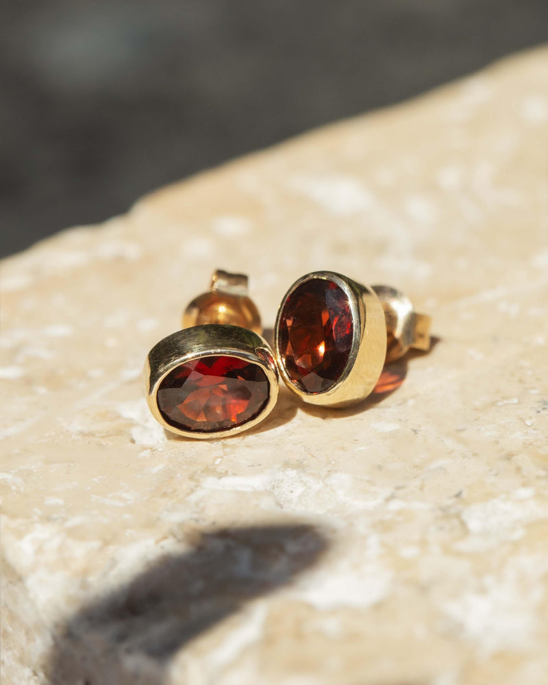 Vintage Circa 1950s Oval Garnet Stud Earrings 9 Carat Gold